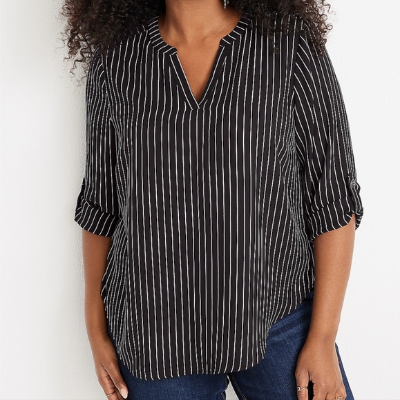 Maurices Striped Black & White V Neck Half Sleeve Flowy Plus Size Blouse In 1X - Picture 1 of 7